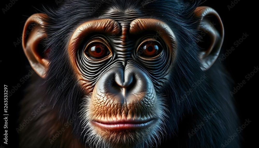 Portrait of a chimpanzee with an inquisitive expression, detailed fur textures against a dark background Portrait of a chimpanzee with an inquisitive expression, detailed fur textures against a dark background