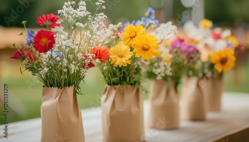 Wallpaper Mural A variety of colorful flowers arranged in small vases adorns a table, creating a vibrant and cheerful atmosphere. Torontodigital.ca