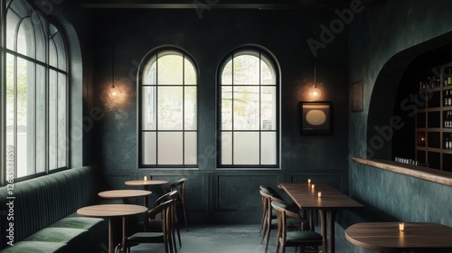 Industrial style bar corner with dark gray walls, a concrete floor, arched windows and wooden tables with chairs. Green sofas. 3d rendering mock up