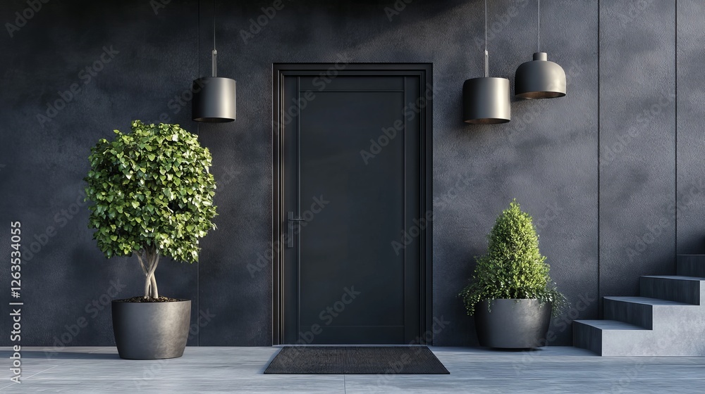 Fototapeta premium Stylish black front door of modern house with black walls, door mat, trees in pots, stairs and lamps. 3d rendering
