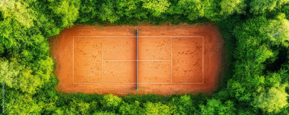 Fototapeta premium Overhead view of a red clay tennis court with clean white lines surrounded by lush green trees on a sunny day