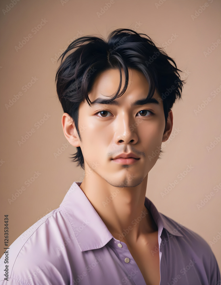 Confident Japanese male model in a formal outfit, posed against a plain background Confident Japanese male model in a formal outfit, posed against a plain background
