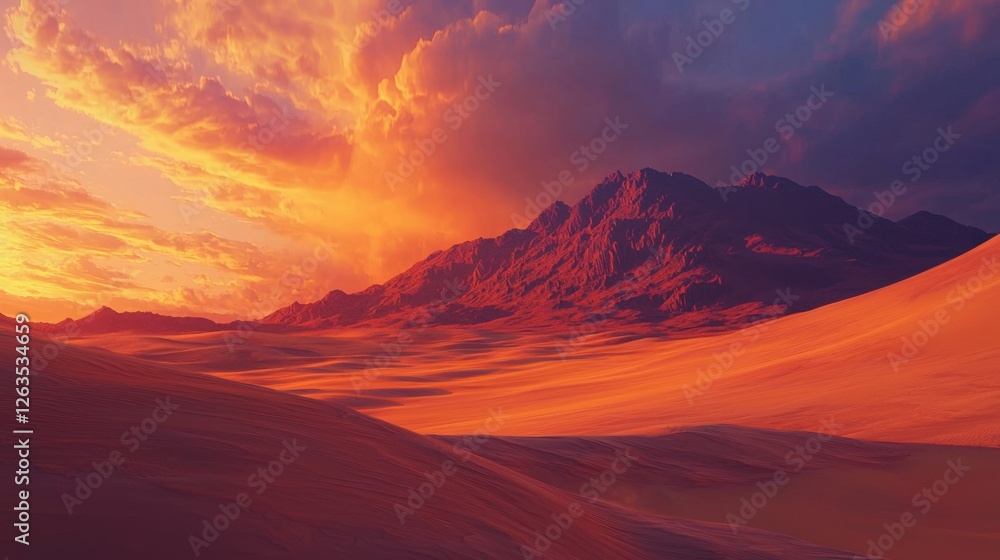 Obraz premium Golden hues fill the sky as the sun sets behind rugged mountains, casting long shadows over the rolling dunes of the desert. The tranquil atmosphere enhances the beauty of the landscape