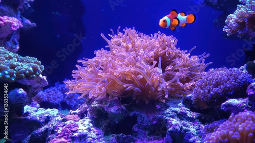 Wallpaper Mural A clownfish swims gracefully around a colorful coral reef filled with lively anemones and various coral species, illuminated by soft blue lighting in an aquarium setting Torontodigital.ca