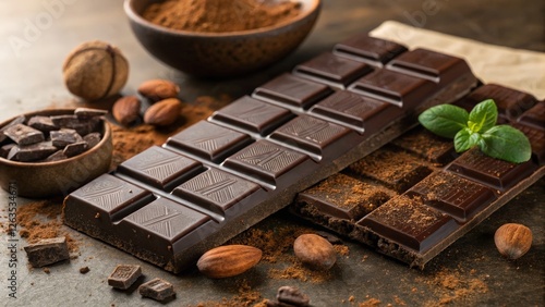 Artisan Dark Chocolate Bars with Cocoa Powder, Almonds, and Mint Leaves on Rustic Background