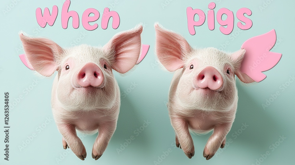 Obraz premium Whimsical scene of two cute pigs with pink angel wings playful atmosphere joyful concept gigapixel standard scale