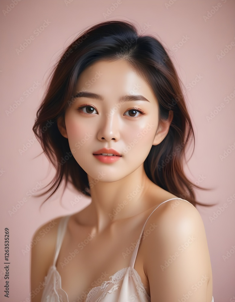 Elegant Korean girl with flawless skin and refined beauty on plain background Elegant Korean girl with flawless skin and refined beauty on plain background