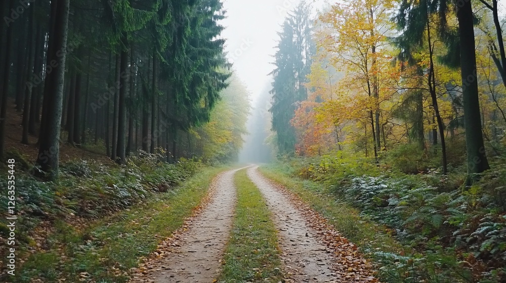 Obraz premium Misty autumn forest path, trees, leaves