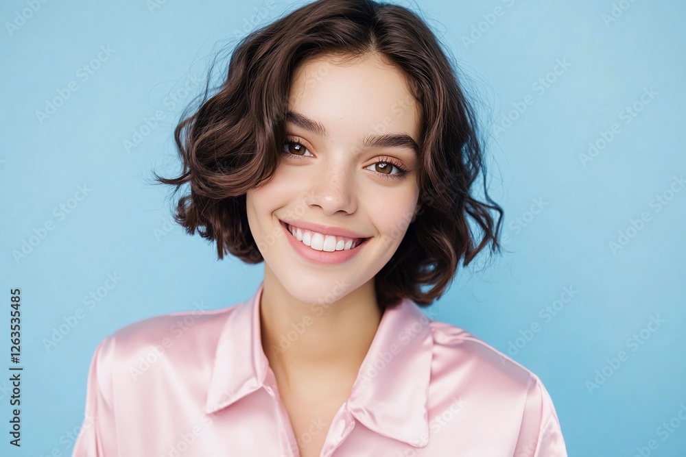 Woman smiling, portrait, studio shot, pink shirt Woman smiling, portrait, studio shot, pink shirt