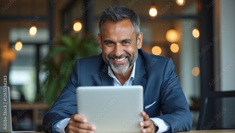 Portrait of mature Indian or Latin business man ceo trader using laptop computer, typing, working in modern office. Middle-age Hispanic smiling handsome businessman entrepreneur looking at camera Portrait of mature Indian or Latin business man ceo trader using laptop computer, typing, working in modern office. Middle-age Hispanic smiling handsome businessman entrepreneur looking at camera