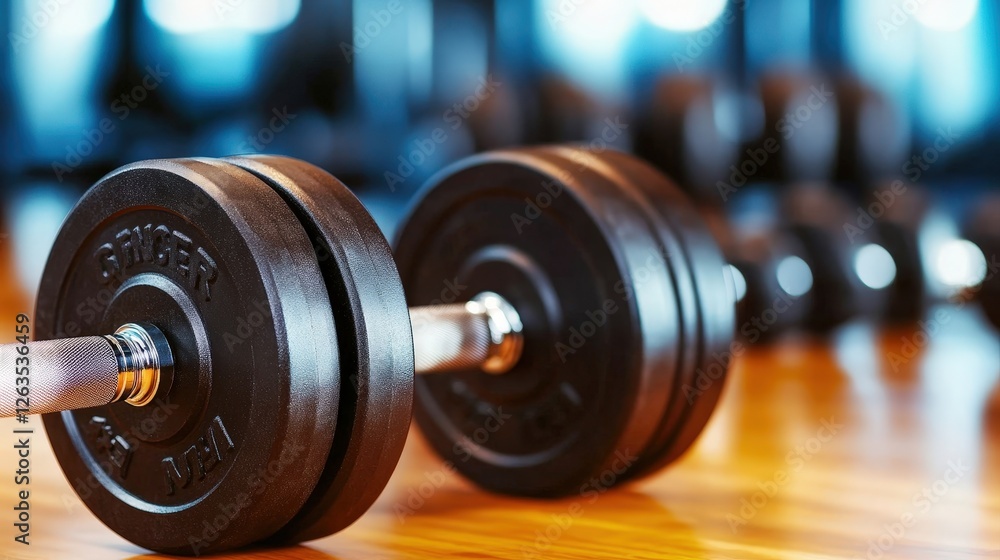 A close-up image of a black dumbbell resting on a wooden surface, with blurred weights in the background, emphasizing fitness and strength training. A close-up image of a black dumbbell resting on a wooden surface, with blurred weights in the background, emphasizing fitness and strength training.