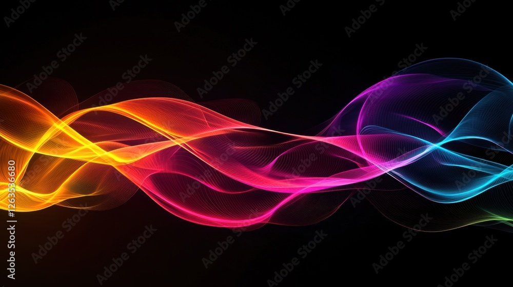 Naklejka premium Swirling and flowing waves of vibrant colors dance against a black backdrop, creating a dynamic visual effect that captivates the viewer's attention