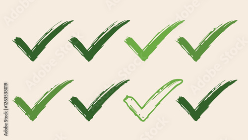 A collection of green check marks, symbolizing approval and success. These hand-drawn style checks vary in shade and thickness, adding a dynamic flair.