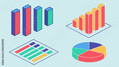 Colorful geometric charts and graphs representing data analysis and statistics, featuring vibrant hues in a modern design.