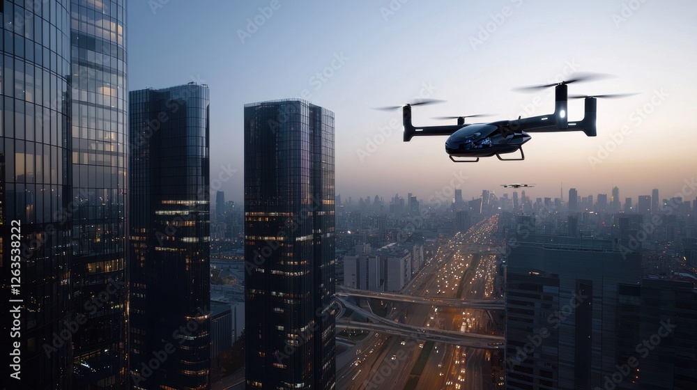 Drones hover over a bustling city at twilight, highlighting the intersection of technology and urban life. The skyline features tall buildings reflecting city lights as traffic moves below Drones hover over a bustling city at twilight, highlighting the intersection of technology and urban life. The skyline features tall buildings reflecting city lights as traffic moves below