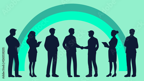 A diverse group of six professionals engaging in networking under a vibrant abstract rainbow backdrop, symbolizing collaboration and connection.