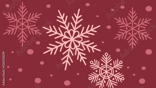 Elegant and minimalistic snowflakes in soft pastel tones, floating gracefully against a rich burgundy background.