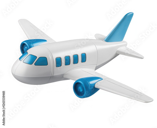Flying plane icon. Cute, cartoon 3d realistic white airplane with blue portholes and wings, perspective view
