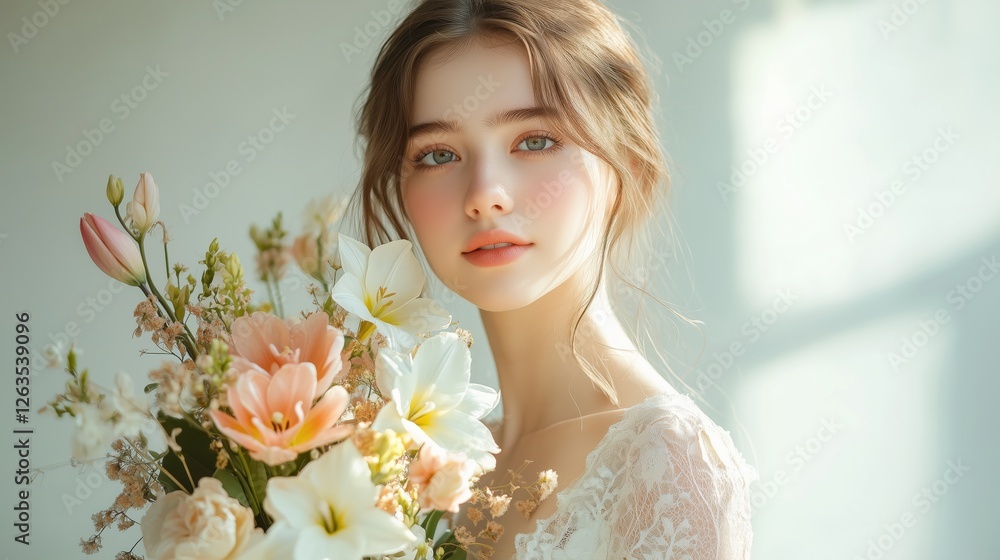 Young woman holding a beautiful bouquet of flowers in a softly lit room with natural light streaming in Young woman holding a beautiful bouquet of flowers in a softly lit room with natural light streaming in