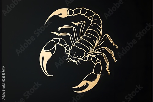 Golden Scorpion: Elegant line art illustration of a scorpion in gold on a black background. The design is minimalist and stylish, perfect for tattoos, logos.