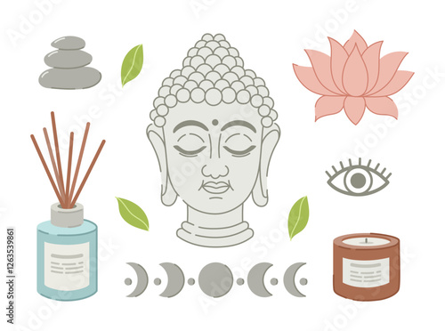 Set of Buddhist elements for design, printing, posters and banners. Vector illustration on a white background.