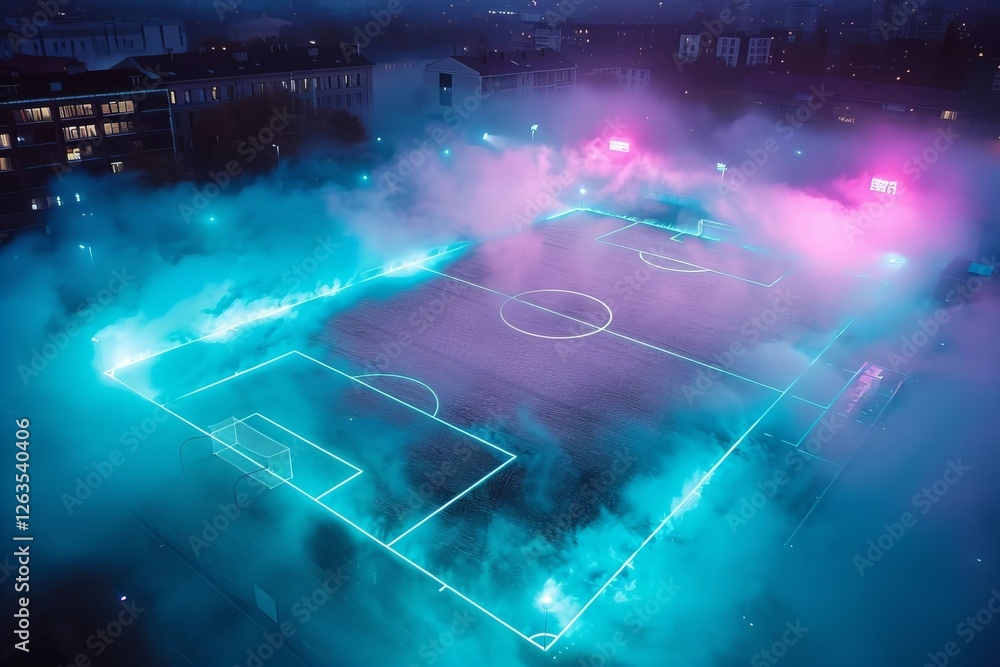 Aerial shot of a textured soccer game field with neon fog, highlighting the center midfield area. Aerial shot of a textured soccer game field with neon fog, highlighting the center midfield area.