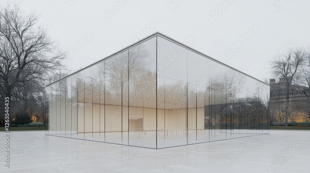 Obraz premium Modern glass pavilion in park, architecture, empty interior, serene