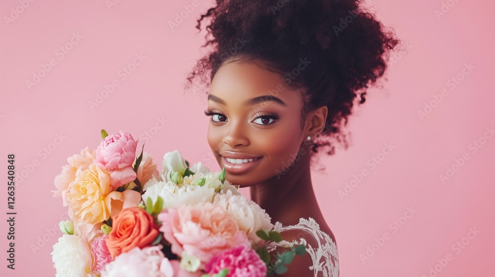 Young woman smiles warmly while holding a bouquet of flowers against a pastel pink background Young woman smiles warmly while holding a bouquet of flowers against a pastel pink background