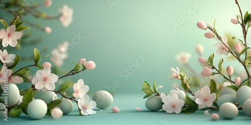 Fresh spring blossoms and pastel eggs create a serene seasonal decoration for Easter celebrations photo