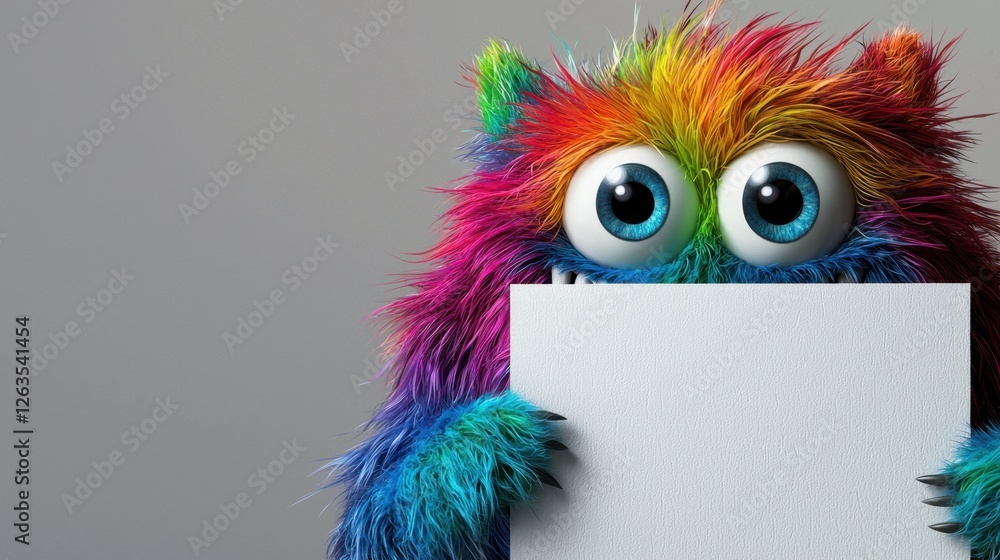 Fototapeta premium A fluffy monster with rainbow fur and large blue eyes playfully stands against a neutral background, holding a blank sign in front of its face, inviting creativity and imagination