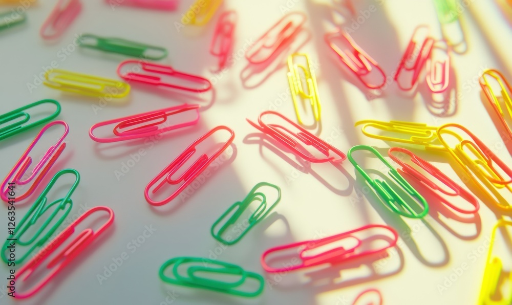 Brightly colored paper clips scattered across a white office desk, vibrant shades of red, green, and yellow, playful stationery concept, sharp detail, clean style Brightly colored paper clips scattered across a white office desk, vibrant shades of red, green, and yellow, playful stationery concept, sharp detail, clean style