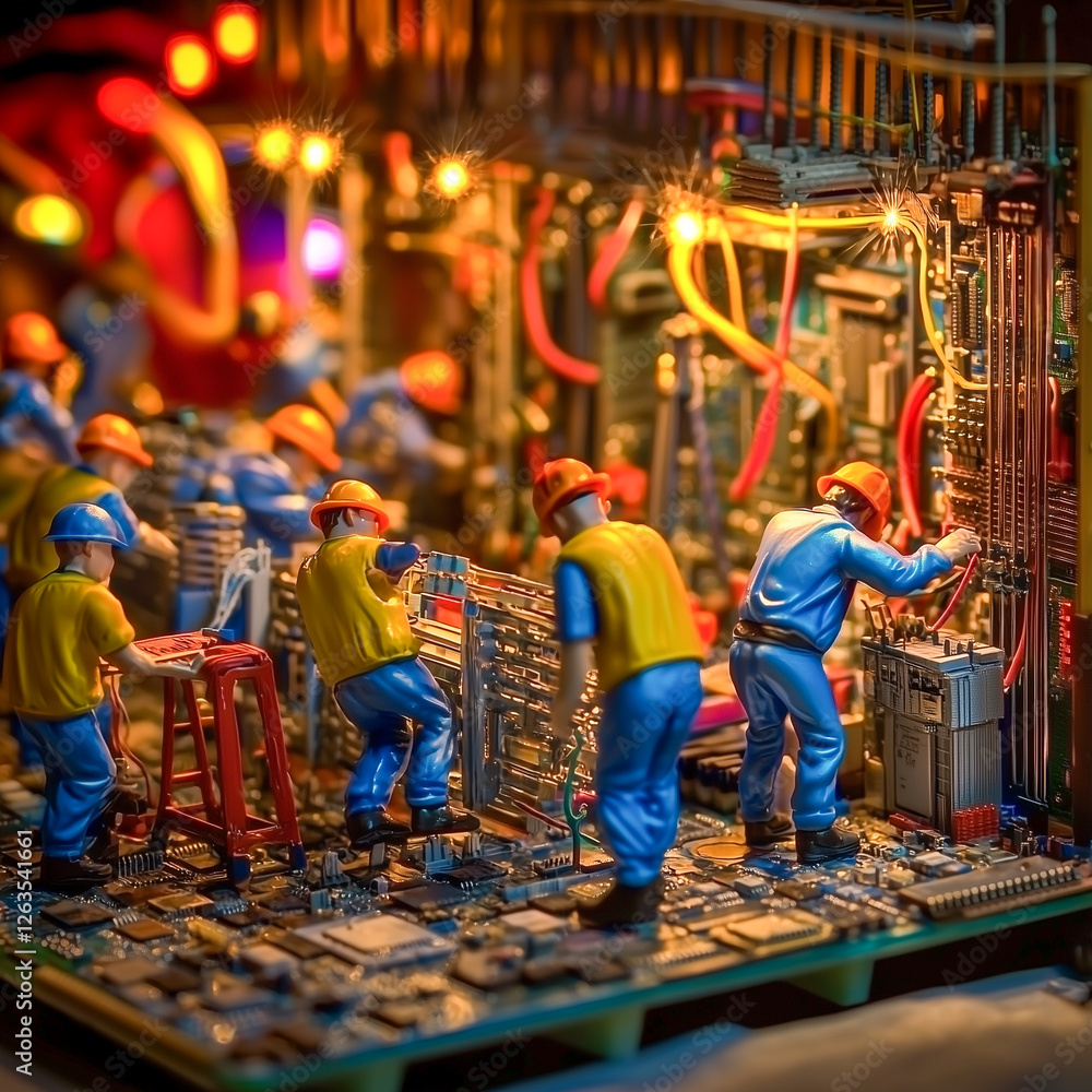 Naklejka premium Miniature Workers on a Circuit Board