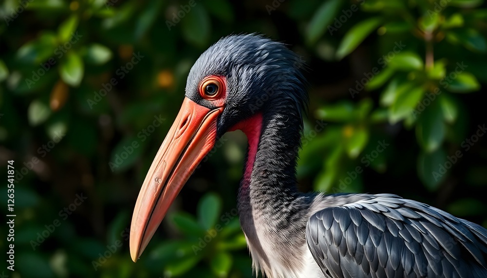 Naklejka premium Bald Ibis in profile, vivid beak and face against lush green foliage