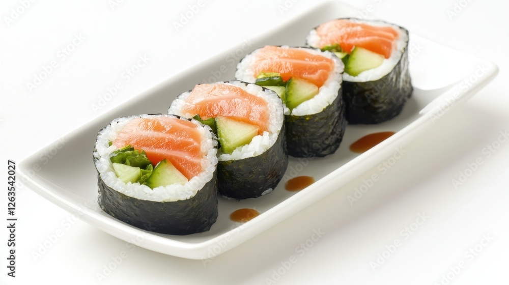 Fresh sushi rolls are displayed on a clean white platter, featuring salmon and cucumber. The vibrant colors and presentation highlight the quality of the ingredients Fresh sushi rolls are displayed on a clean white platter, featuring salmon and cucumber. The vibrant colors and presentation highlight the quality of the ingredients