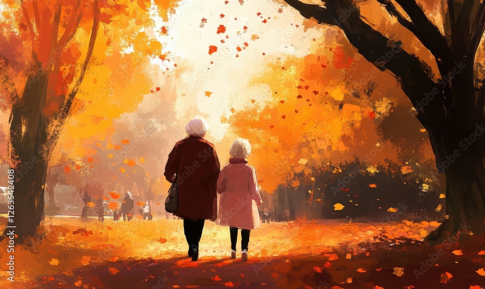 Rear view of a granddaughter on an autumn walk in the park with her grandmother. Rear view of a granddaughter on an autumn walk in the park with her grandmother.