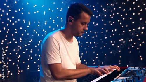 Musician Playing Keyboard in Front of Starry Background