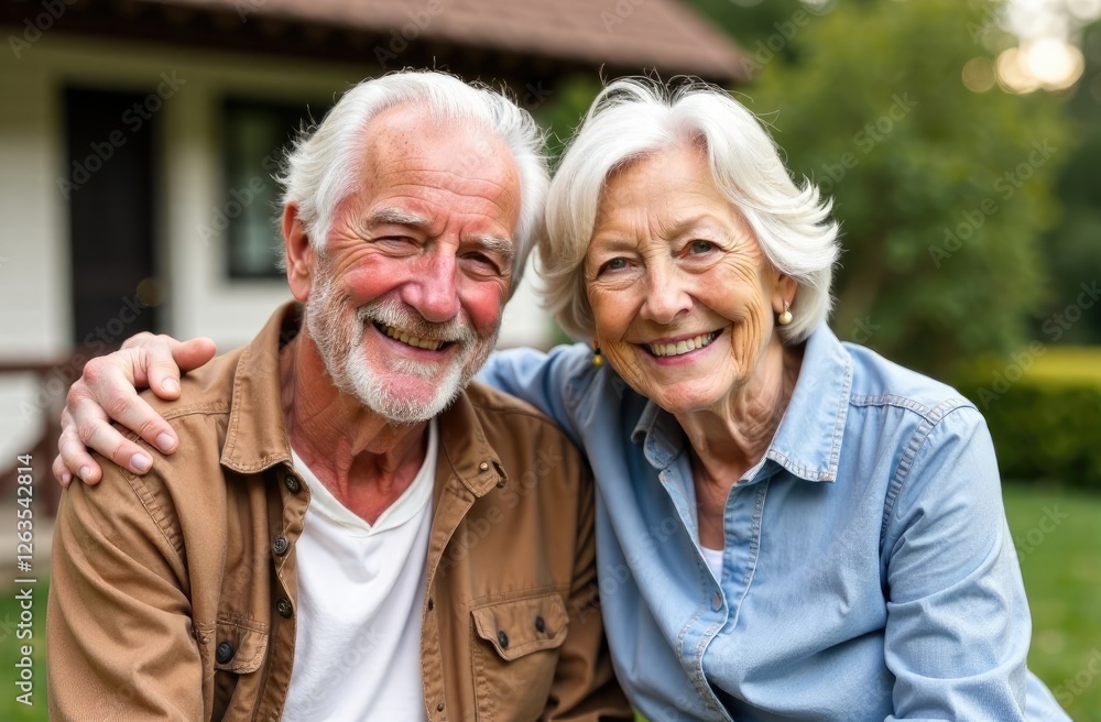 Love for life. Portrait of elderly couple hugging on blurred background of house. Illustration of happy old age. Love for life. Portrait of elderly couple hugging on blurred background of house. Illustration of happy old age.