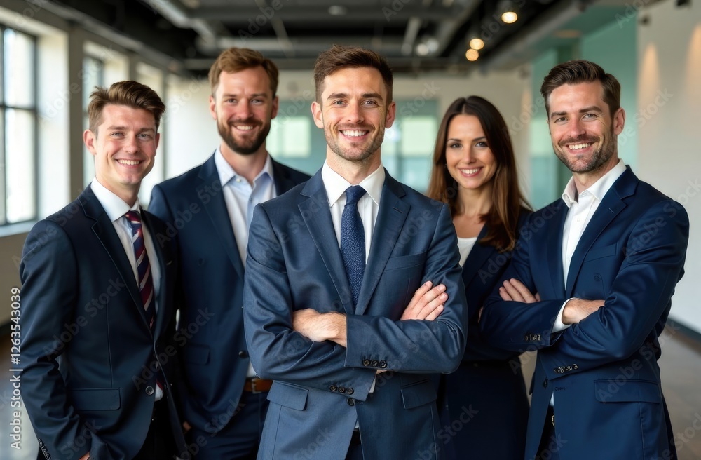 Business portrait. Group of businessmen standing with arms crossed, focus on central person. Corporate employees. Business portrait. Group of businessmen standing with arms crossed, focus on central person. Corporate employees.