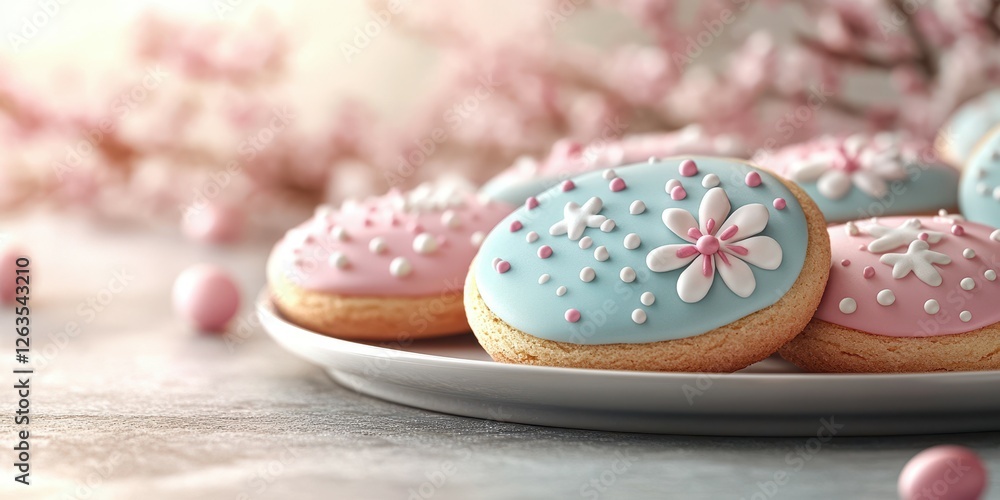 Decorative pastel cookies with floral designs on a white plate in a serene setting Decorative pastel cookies with floral designs on a white plate in a serene setting