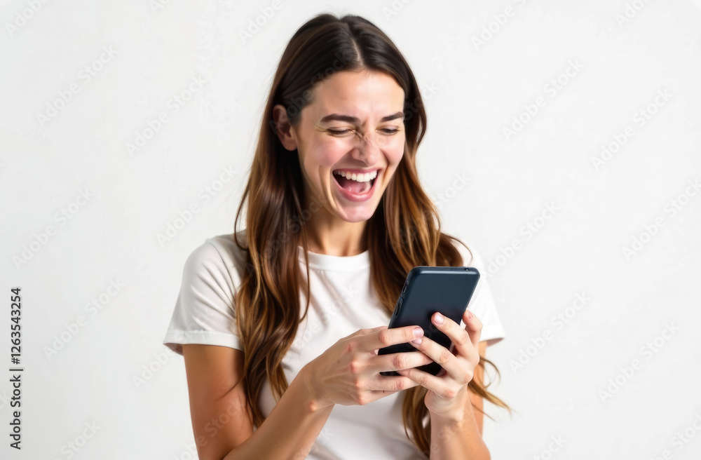 Young woman laughing while looking at phone on white background. Illustration of human dependence on the Internet. Young woman laughing while looking at phone on white background. Illustration of human dependence on the Internet.