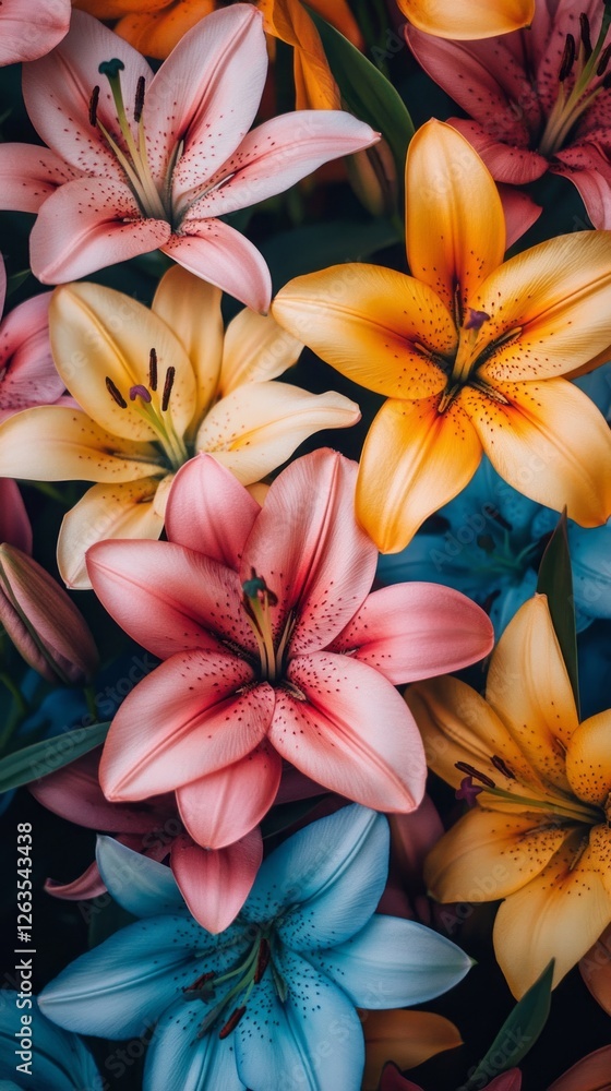 Fototapeta premium Blooming lilies display an array of vibrant colors, featuring intricate details and large, elegant petals. Their striking patterns create a stunning visual feast for nature lovers.