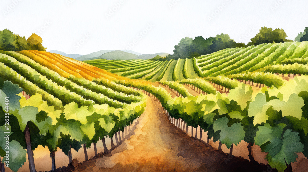 Fototapeta premium Layered rolling vineyards with vibrant greens and earthy tones stretch across landscape, bathed warm sunlight. lush grapevines follow gentle curves of hills, creating serene and picturesque scene