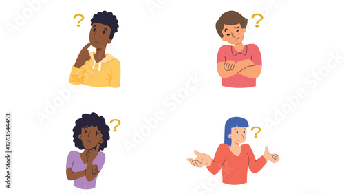 confused and challenged person with question mark on head, thinking person vector illustration