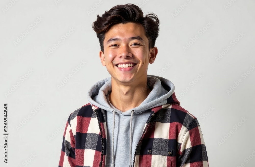 Portrait of a student. A guy in a checkered shirt smiles on a white background.