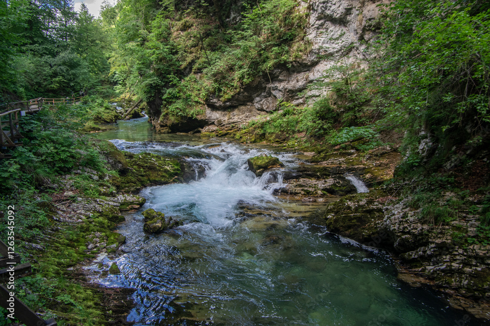 Vintgar gorge amazing cayon with river, rocks and nature, wooden foodpaths leads through wild natural reserve