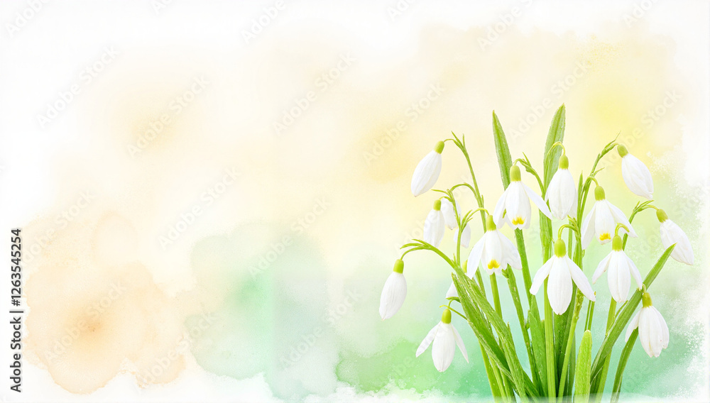 Fototapeta premium Whimsical watercolor illustration of snowdrop flowers, early spring elegance