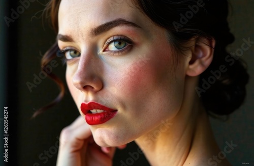 Large portrait. Gorgeous brunette woman with red lipstick on her lips.