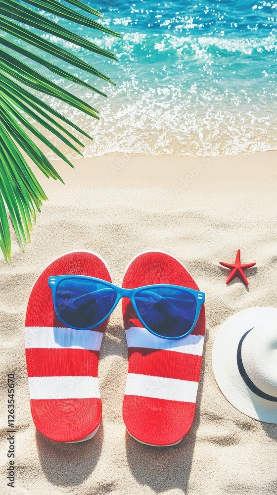 Naklejka premium Beach vacation flip-flops, sunglasses, hat on sand