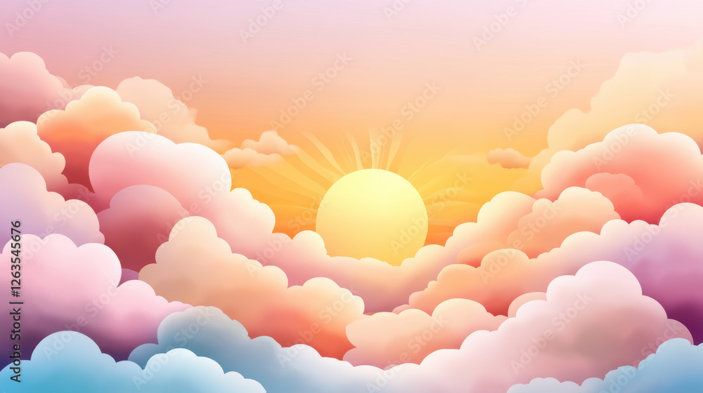 Vibrant sunset with golden sun setting behind fluffy, colorful clouds in dreamy sky, creating warm and serene atmosphere with soft pastel hues blending harmoniously Vibrant sunset with golden sun setting behind fluffy, colorful clouds in dreamy sky, creating warm and serene atmosphere with soft pastel hues blending harmoniously