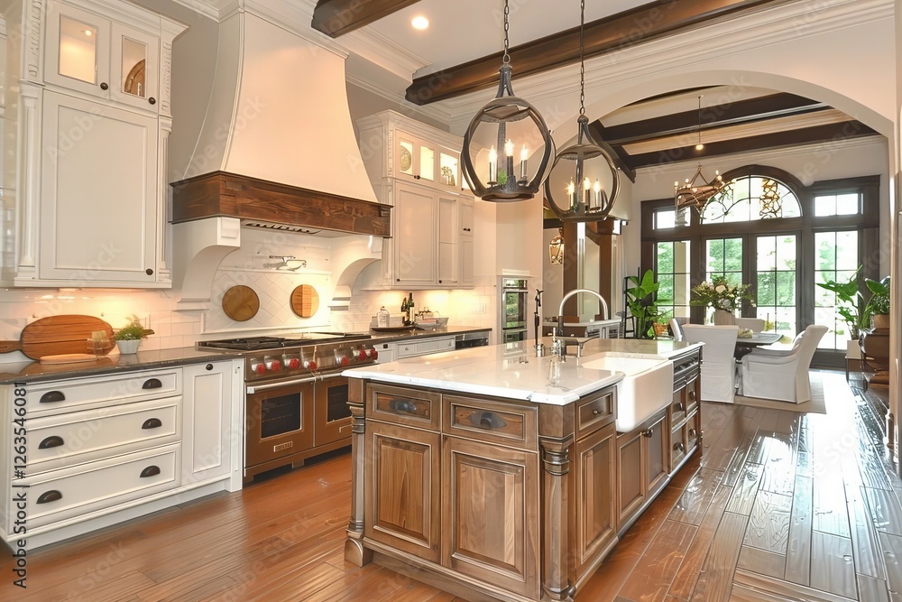 beautifully designed and luxurious kitchen with white cabinetry, wood accents, pendant lights, and stainless steel appliances. beautifully designed and luxurious kitchen with white cabinetry, wood accents, pendant lights, and stainless steel appliances.